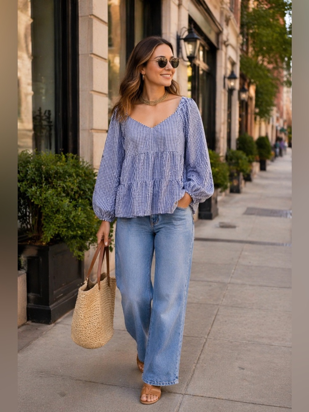 OLD NAVY Gingham Long Sleeve V-neck Tiered Seersucker Swing Top L